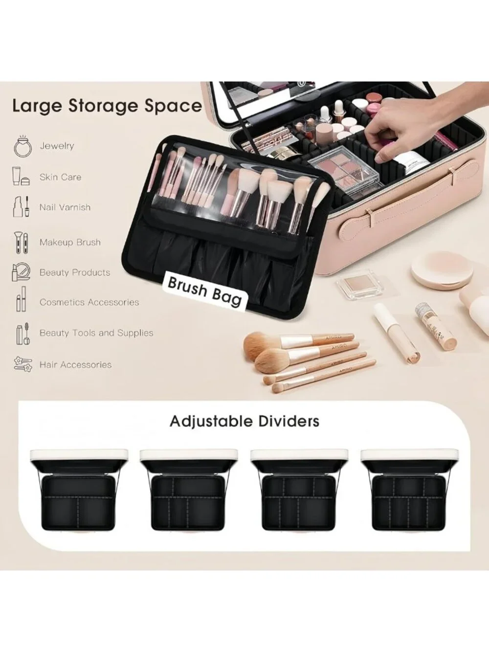 LED Makeup Case with Adjustable Brightness Mirror, Travel Cosmetic Organizer